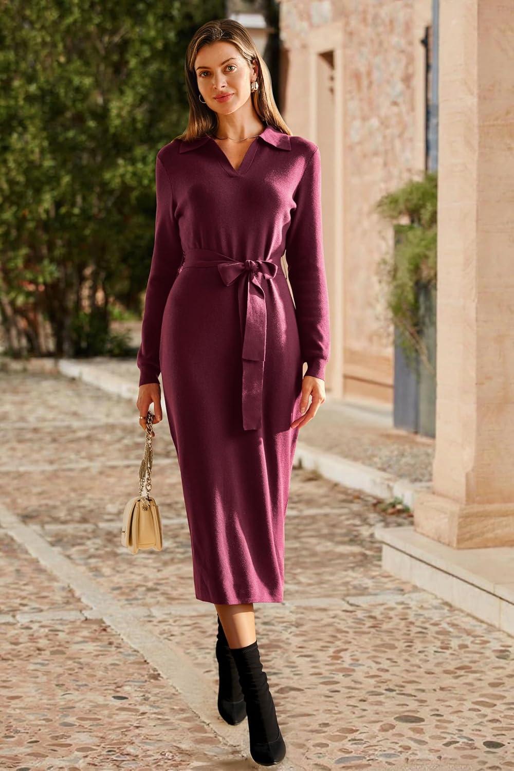 imageArachampampCloz Womens Wool Blend Side Slit Polo Sweater Dresses 2025 Fall Business Casual OutfitsBurgundy