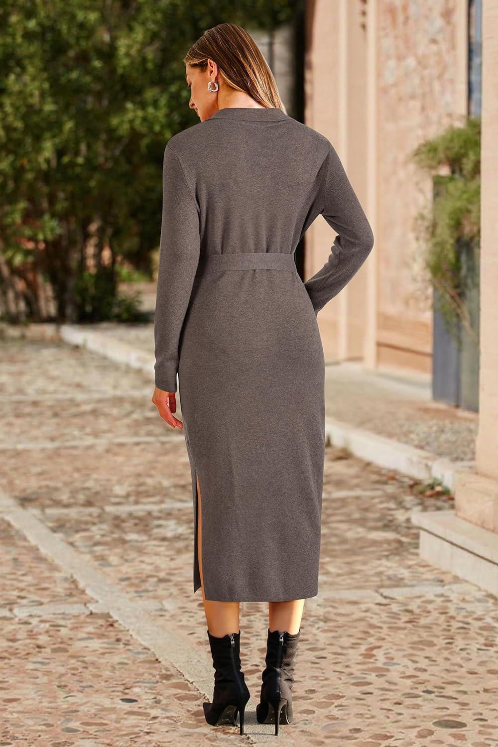 imageArachampampCloz Womens Wool Blend Side Slit Polo Sweater Dresses 2025 Fall Business Casual OutfitsCoffee
