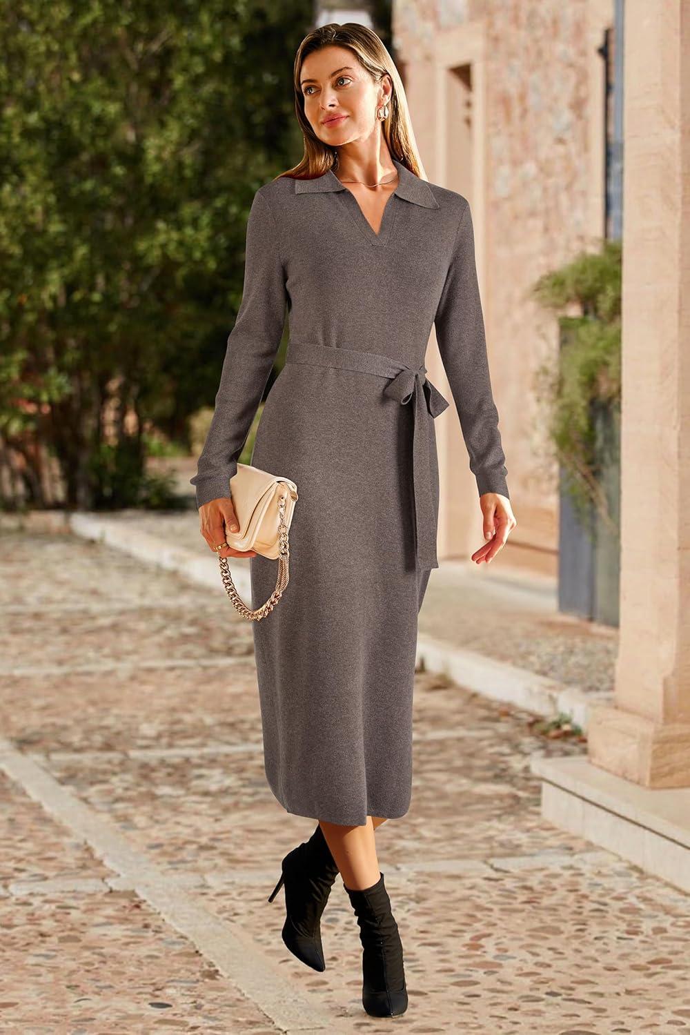 imageArachampampCloz Womens Wool Blend Side Slit Polo Sweater Dresses 2025 Fall Business Casual OutfitsCoffee