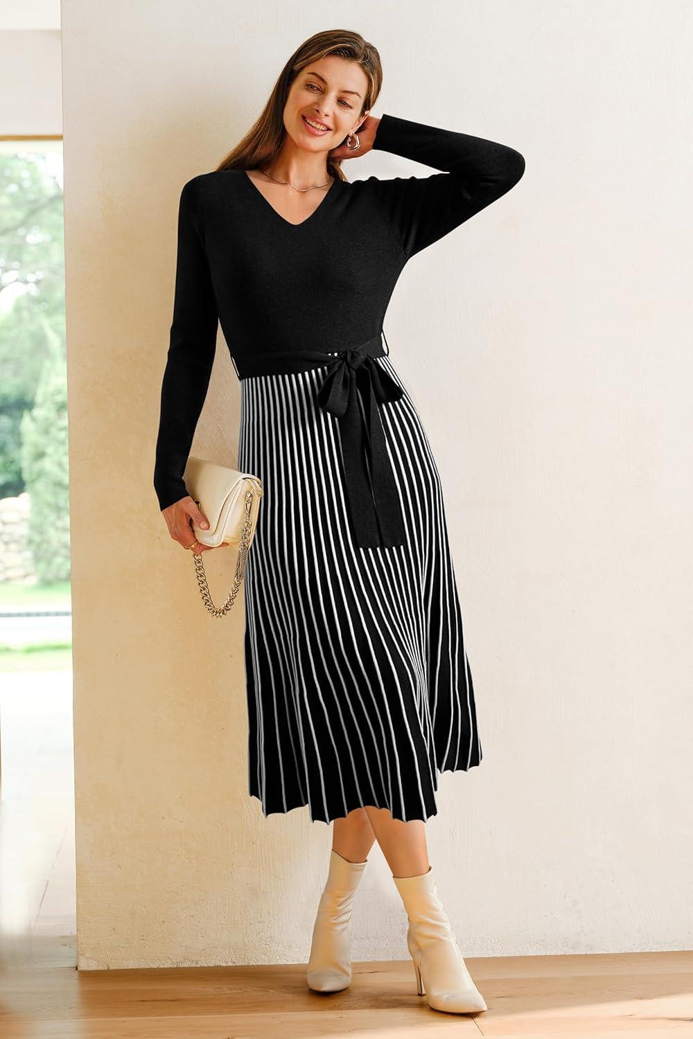 imageArachampampCloz Womens Wool Blend Tie Waist Pleated Fall Sweater Dress 2025Blackwhite Stripe
