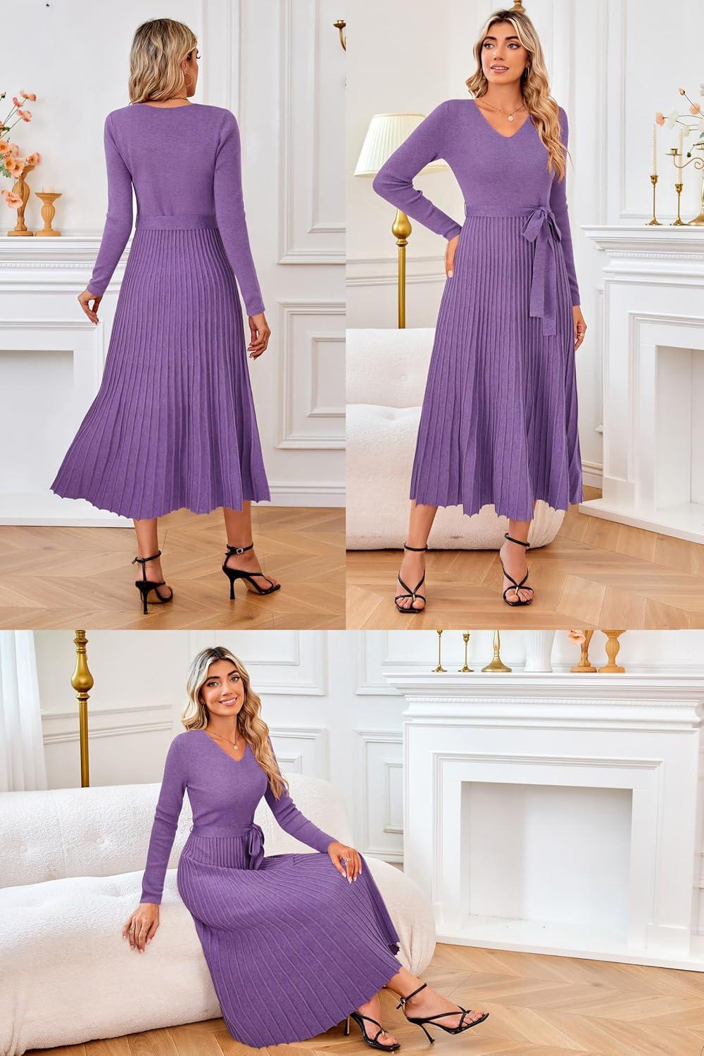 imageArachampampCloz Womens Wool Blend Tie Waist Pleated Fall Sweater Dress 2025Coral Purple