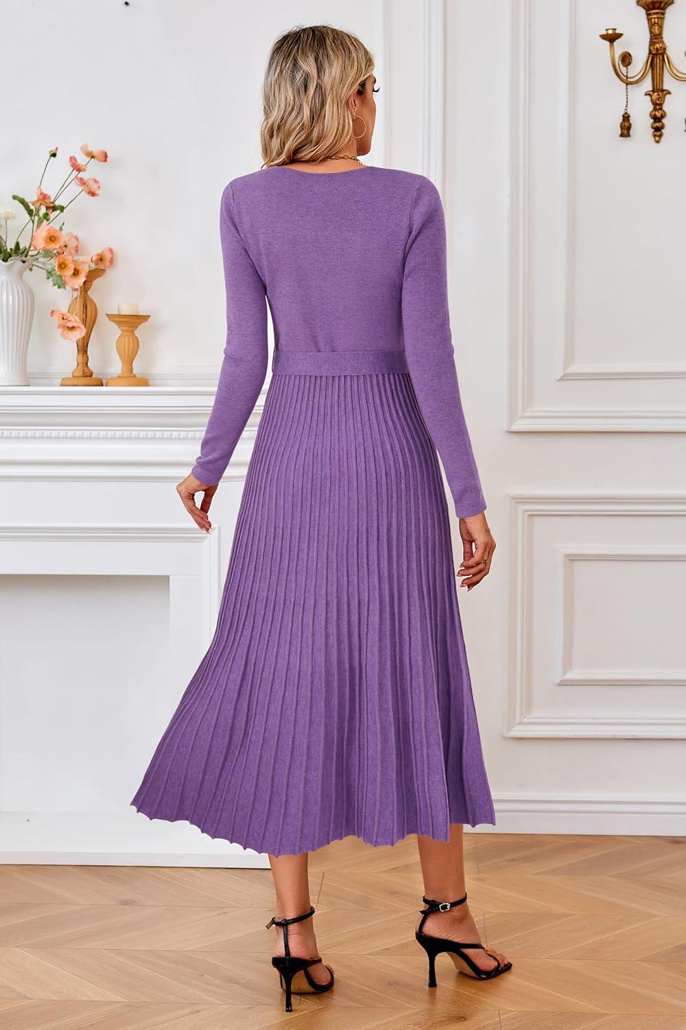 imageArachampampCloz Womens Wool Blend Tie Waist Pleated Fall Sweater Dress 2025Coral Purple