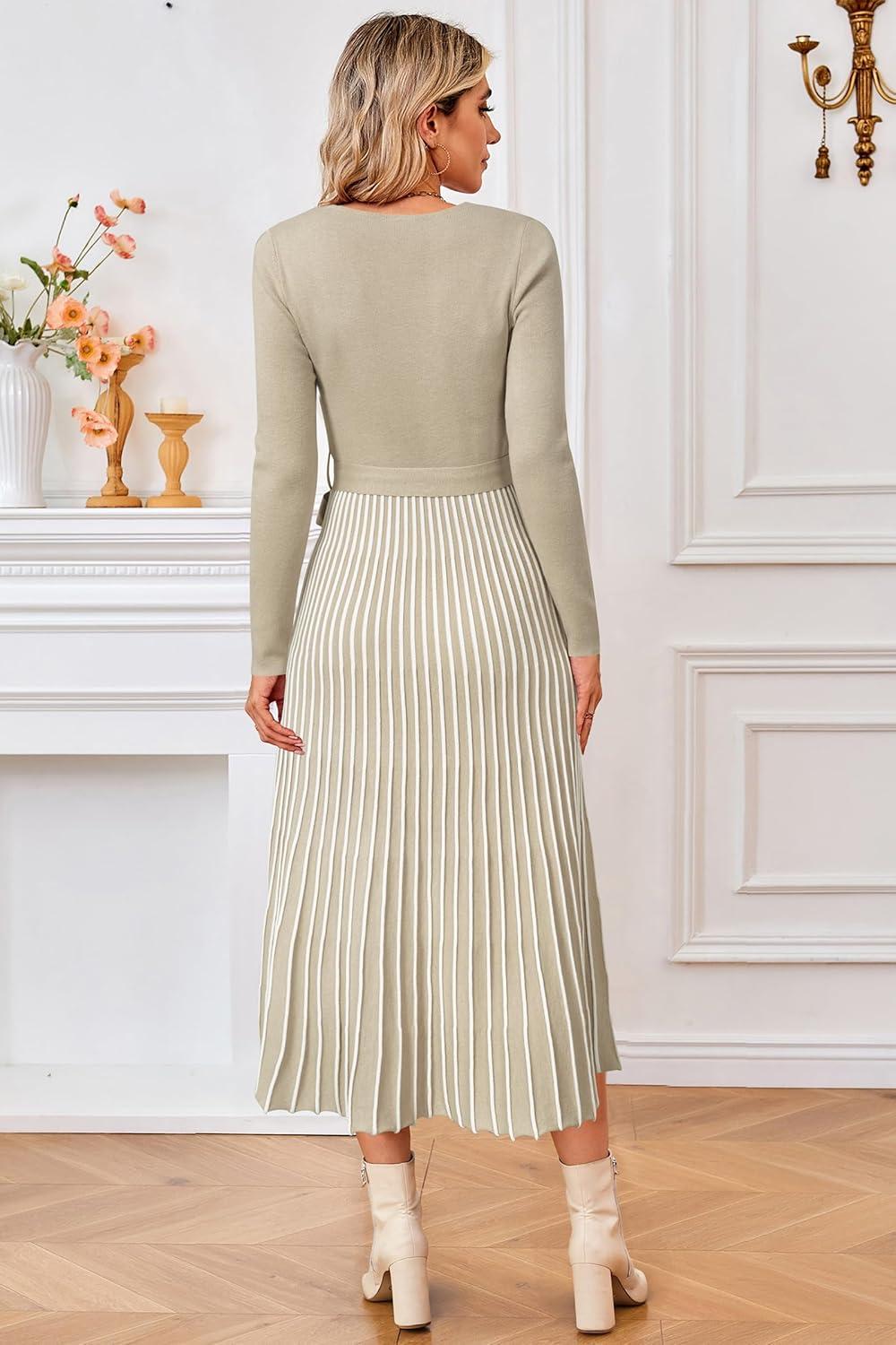 imageArachampampCloz Womens Wool Blend Tie Waist Pleated Fall Sweater Dress 2025Khakiwhite Stripe