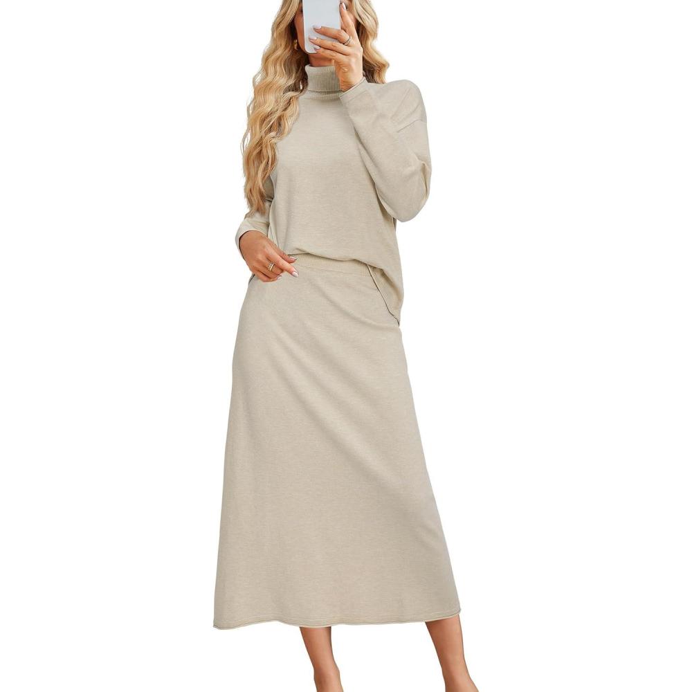 imageArachampampCloz Womens 2 Piece Sweaters Sets Turtleneck Long Sleeve Tops Long Maxi Skirt Casual Fall Fashion 2024 OutfitsApricot