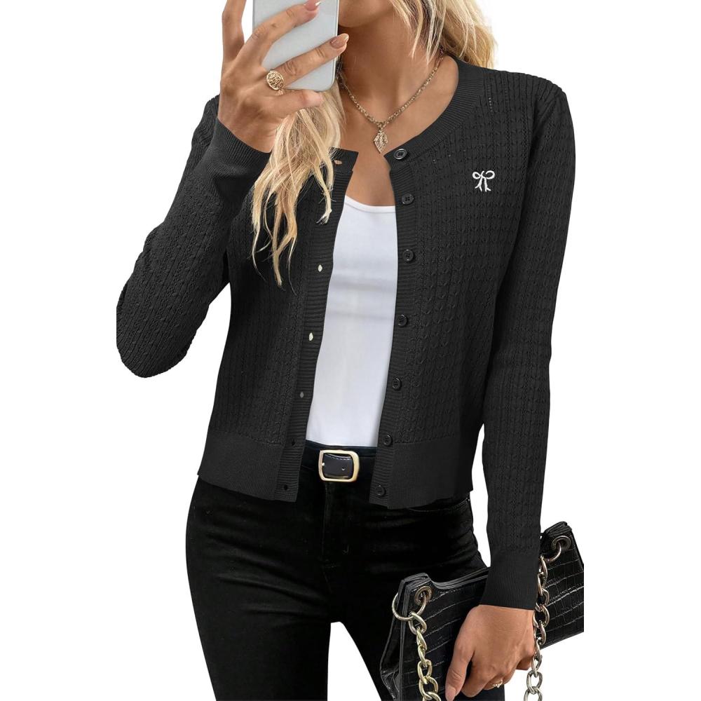 imageArachampampCloz Womens 2025 Summer Lightweight Cardigan Long Sleeve Cable Knit Hollow Out Bow Embroidery TopsBlack