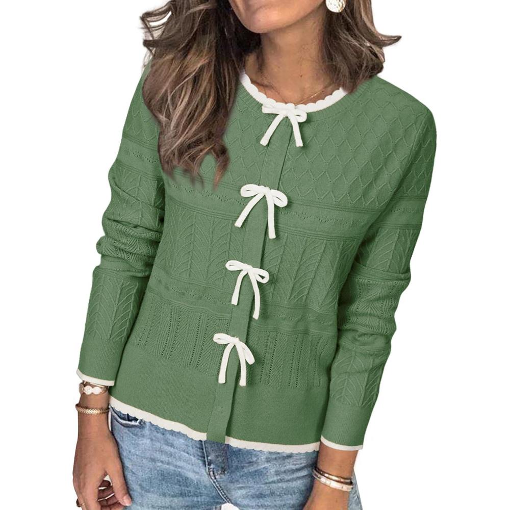 imageArachampampCloz Womens Bow Sweaters Fall Color Block Casual Cardigan Sweaters 2025Dark Greenapricot