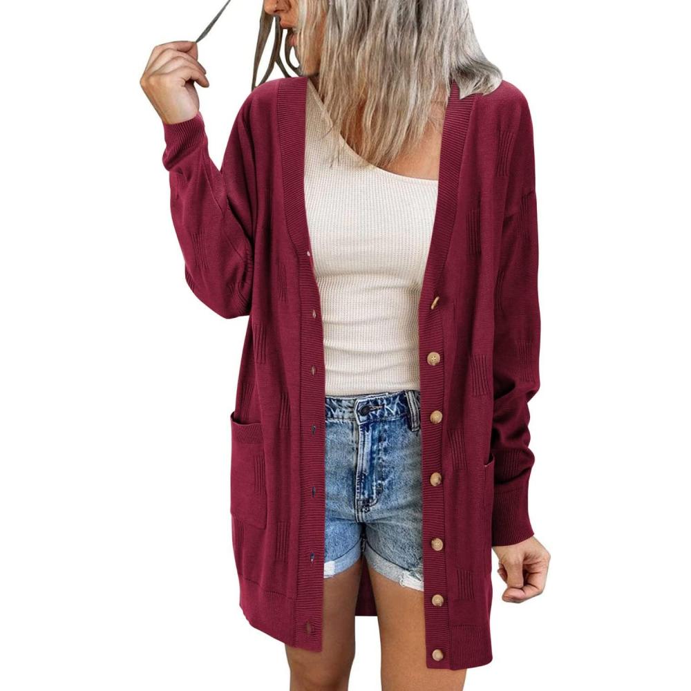 imageArachampampCloz Womens Lightweight Cardigan Sweater Fashion Long Sleeve Summer Casual Outfits with Pocket Cozy CloudsWine