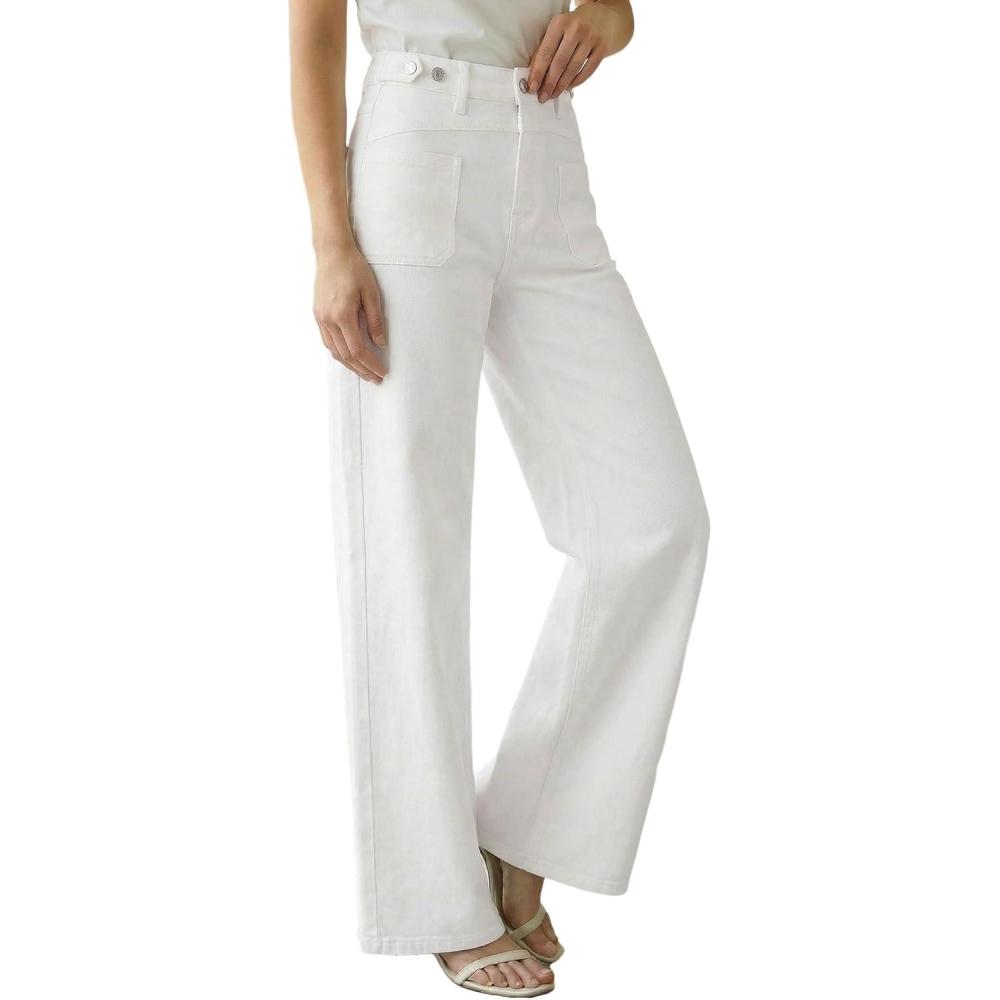 imageArachampampCloz Womens Lyocell Cotton Denim Adjustable Waist Stretchy Spring Wide Leg JeansWhite