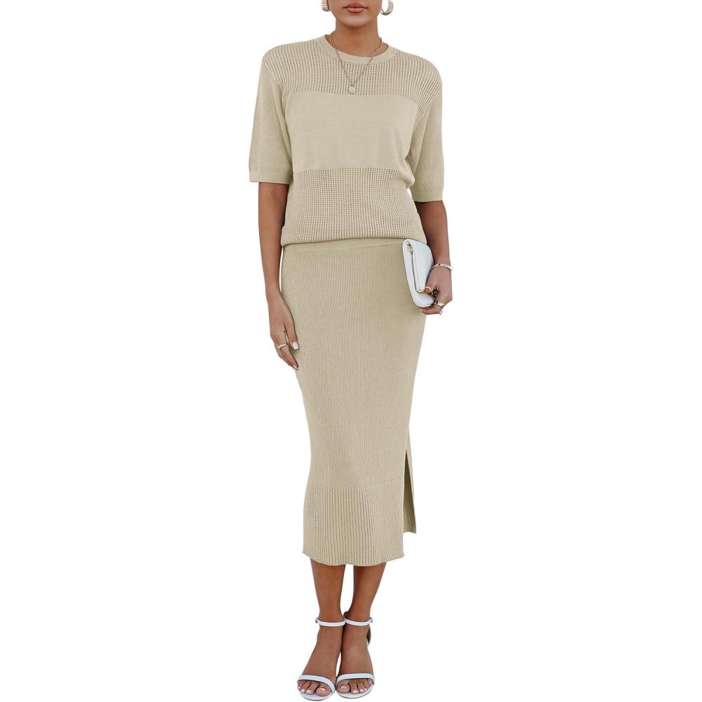imageArachampampCloz Womens Soft 2 Piece Sets Summer Crochet Top and Midi Slit Skirt Outfits 2025Apricot