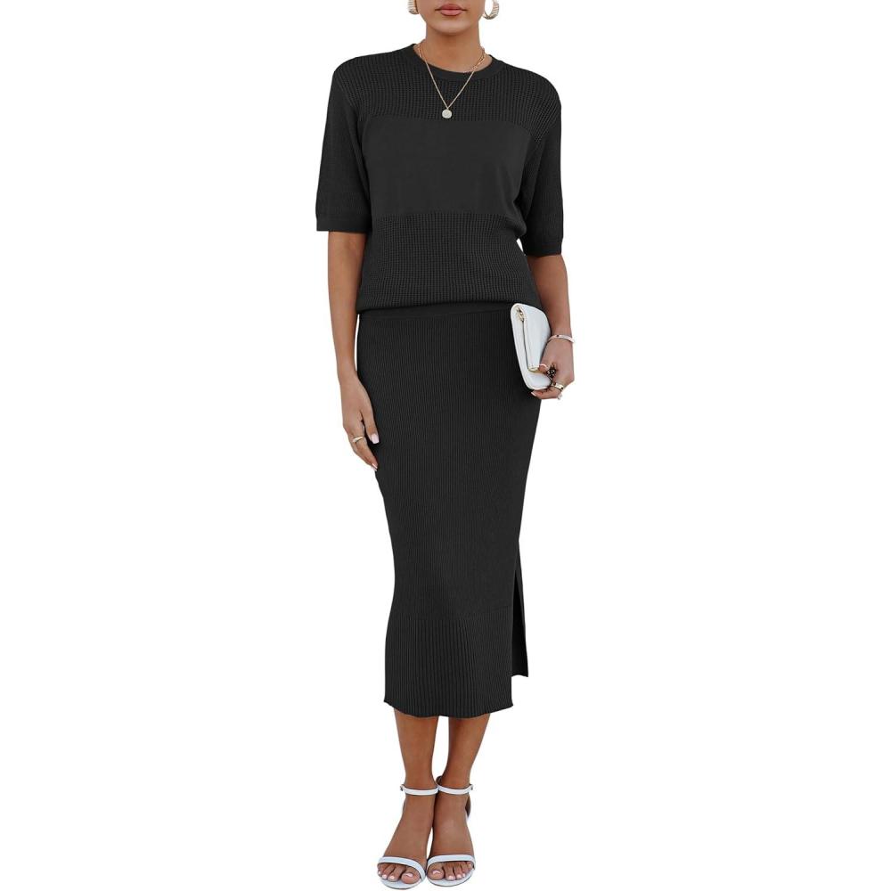 imageArachampampCloz Womens Soft 2 Piece Sets Summer Crochet Top and Midi Slit Skirt Outfits 2025Black