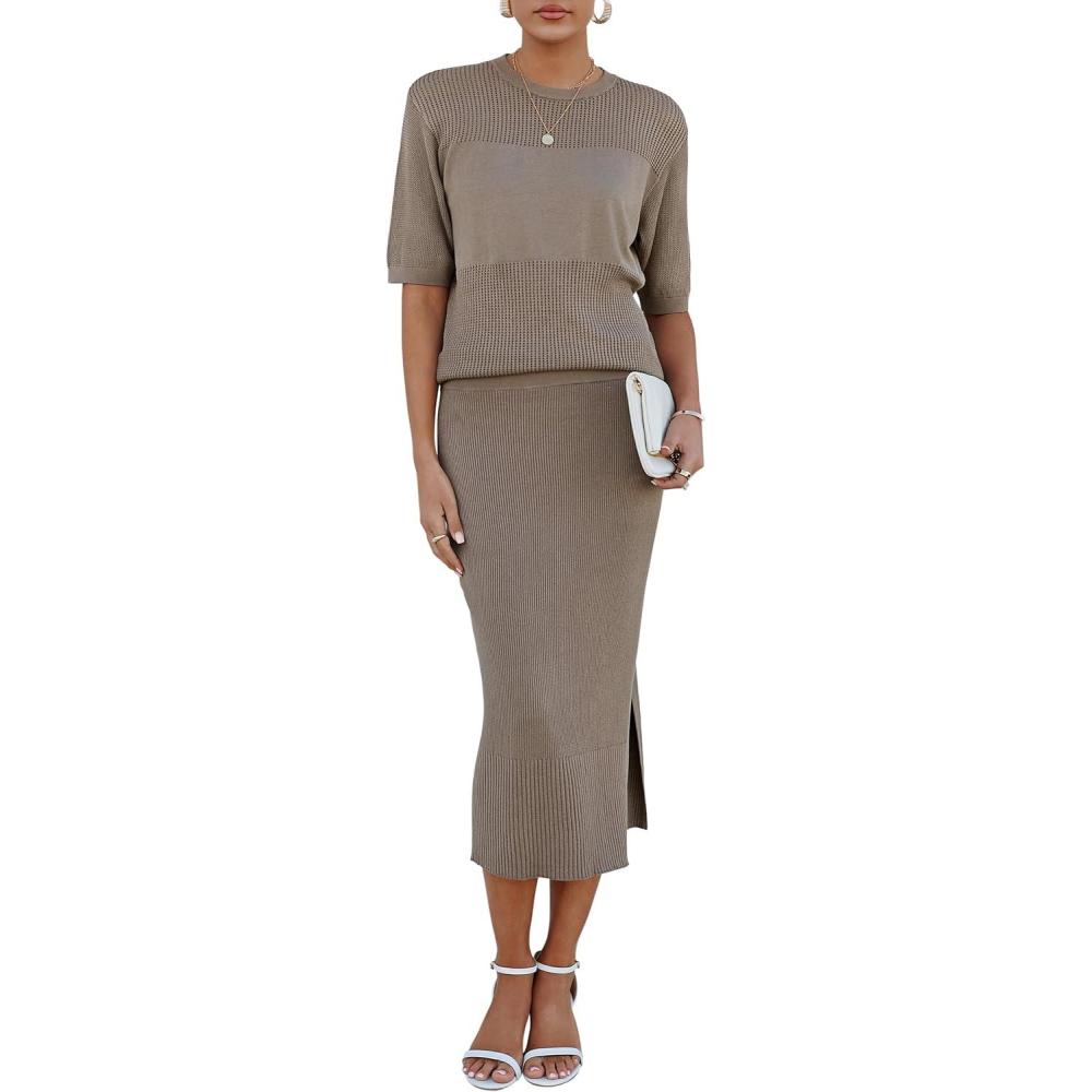 imageArachampampCloz Womens Soft 2 Piece Sets Summer Crochet Top and Midi Slit Skirt Outfits 2025Pale Brown