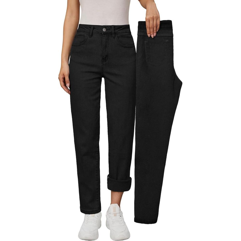 imageArachampampCloz Womens Thin Fleece Lined Jeans High Waisted Stretch Warm Straight Leg Pants 2025Black