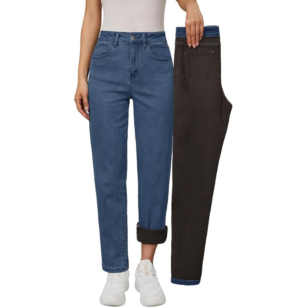 imageArachampampCloz Womens Thin Fleece Lined Jeans High Waisted Stretch Warm Straight Leg Pants 2025Blue