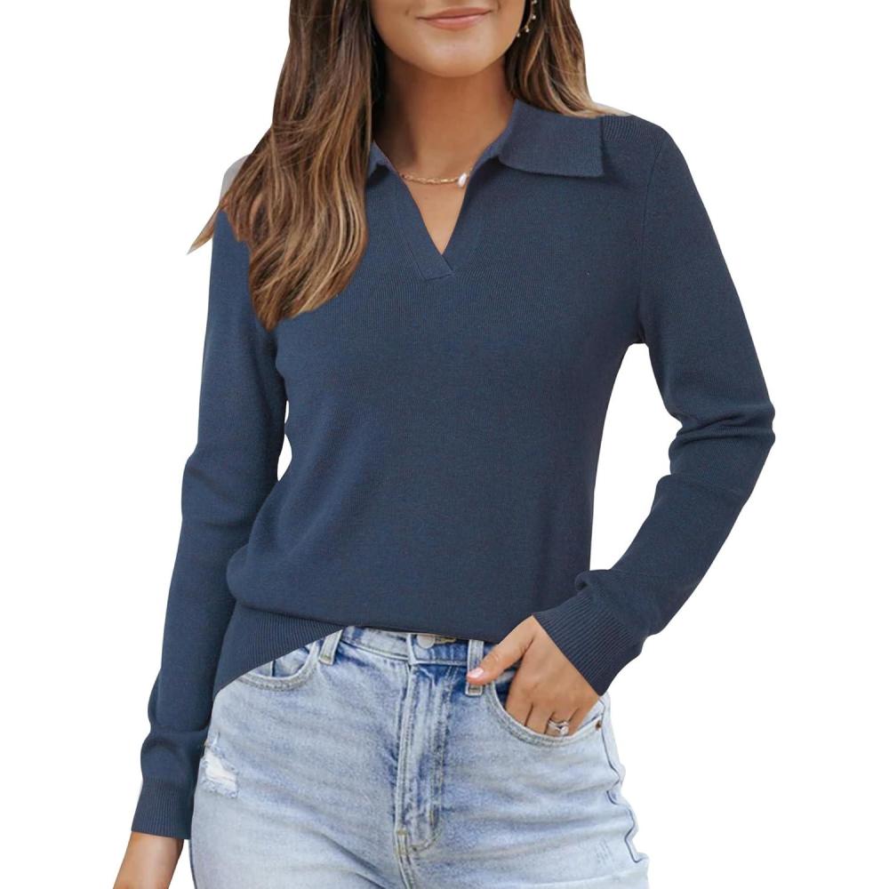 imageArachampampCloz Womens Wool Blend Collared Fall Pullover Sweaters Business Casual Outfits 2025Dark Blue