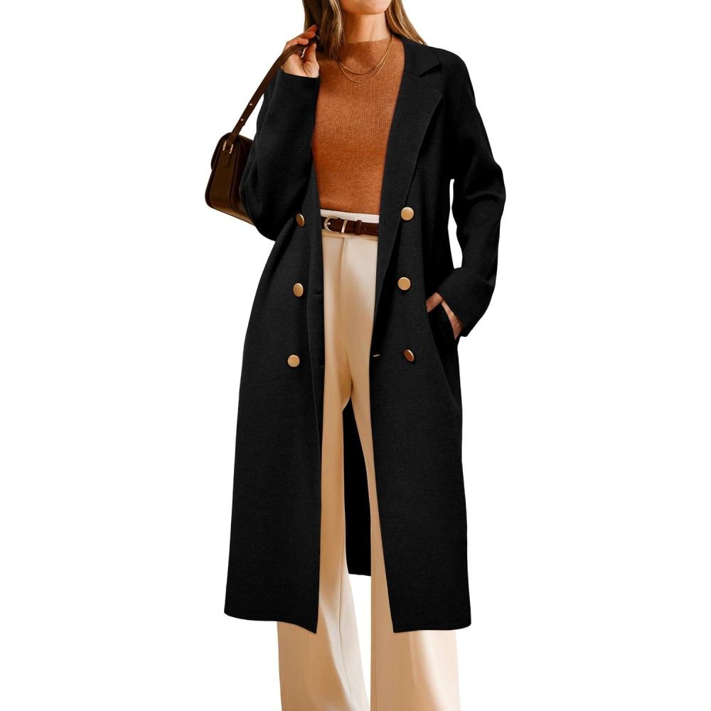 imageArachampampCloz Womens Wool Blend Double Breasted Winter Outfits Long Cardigan Sweater Coat 2025Black