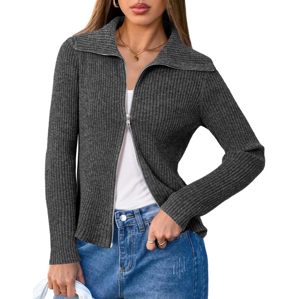 imageArachampampCloz Womens Wool Blend Fall Fashion Zip Up Cardigan Sweaters 2025 TrendyDark Gray