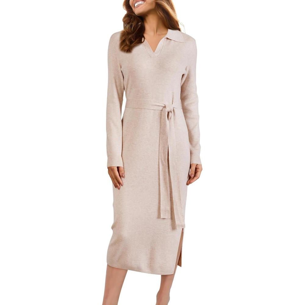 imageArachampampCloz Womens Wool Blend Side Slit Polo Sweater Dresses 2025 Fall Business Casual OutfitsBeige