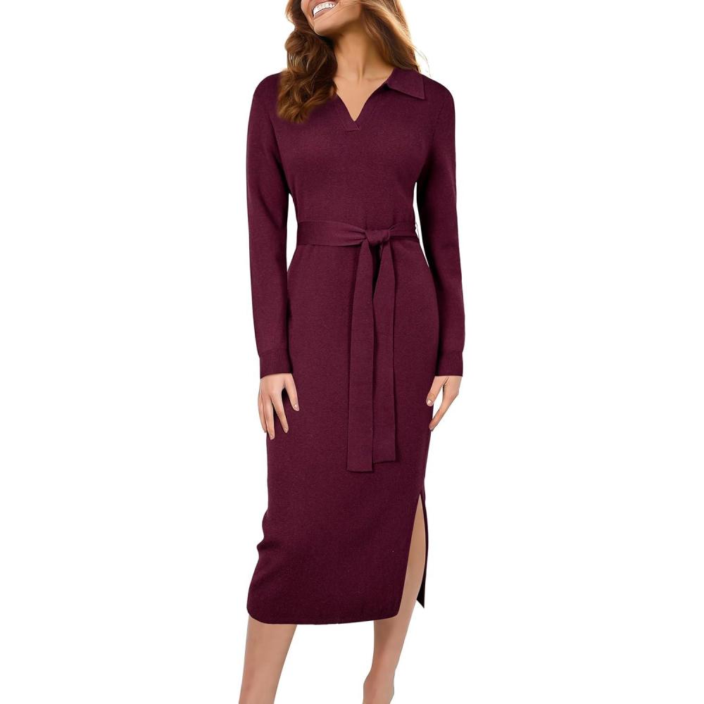 imageArachampampCloz Womens Wool Blend Side Slit Polo Sweater Dresses 2025 Fall Business Casual OutfitsBurgundy