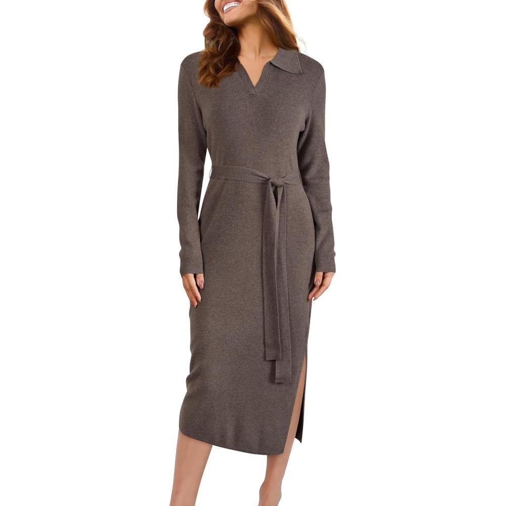 imageArachampampCloz Womens Wool Blend Side Slit Polo Sweater Dresses 2025 Fall Business Casual OutfitsCoffee