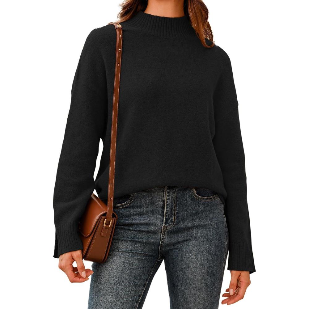imageArachampampCloz Womens Wool Blend Soft Mock Neck Casual Oversized Fall SweaterBlack