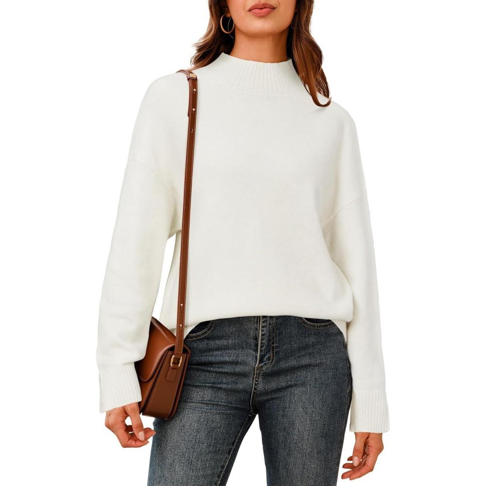 imageArachampampCloz Womens Wool Blend Soft Mock Neck Casual Oversized Fall SweaterWhite