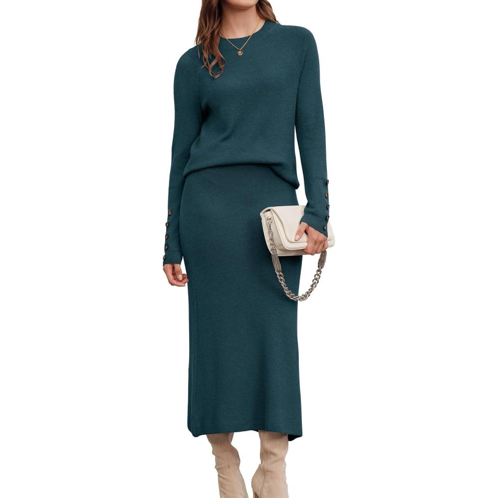 imageArachampampCloz Womens Wool Blend Sweater 2 Piece Sets Fall Business Lounge Long Sleeve Top Midi Dress Outfits 2025Bluish Green