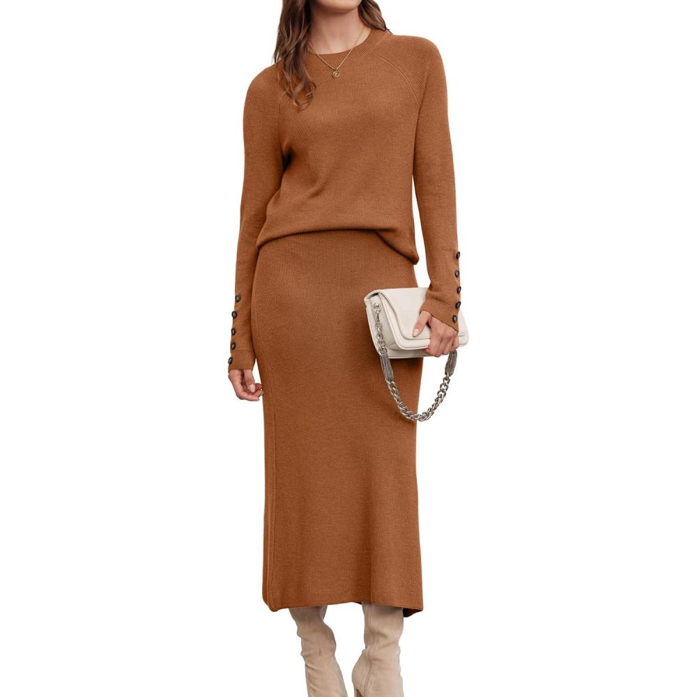 imageArachampampCloz Womens Wool Blend Sweater 2 Piece Sets Fall Business Lounge Long Sleeve Top Midi Dress Outfits 2025Caramel
