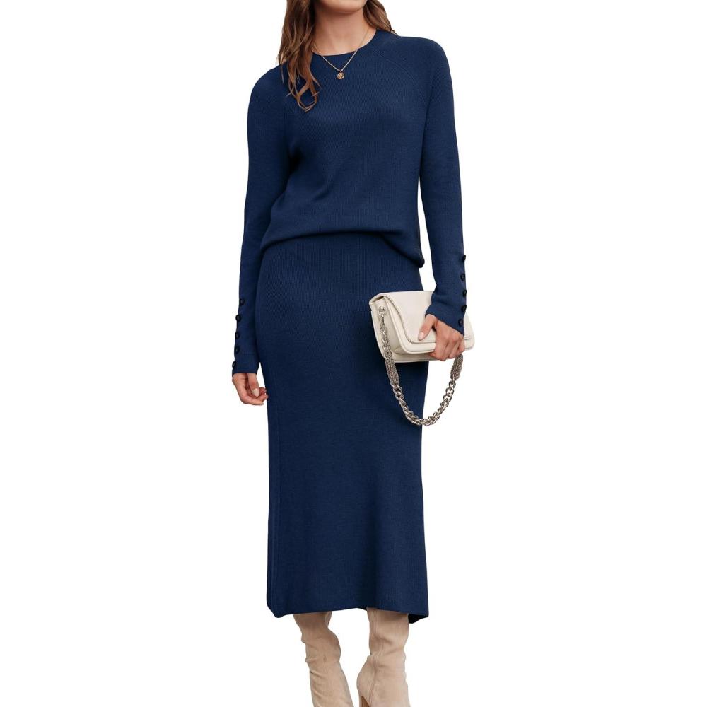 imageArachampampCloz Womens Wool Blend Sweater 2 Piece Sets Fall Business Lounge Long Sleeve Top Midi Dress Outfits 2025Navy
