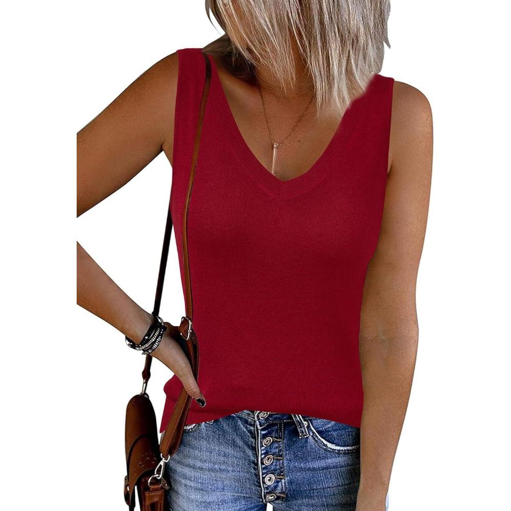 imageArachampampCloz Womens Wool Blend Sweaters Non See Through Double VNeck AllSeason Tank 2025Burgundy Red