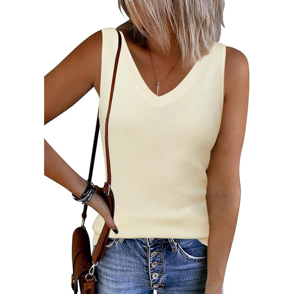 imageArachampampCloz Womens Wool Blend Sweaters Non See Through Double VNeck AllSeason Tank 2025Offwhite Cream