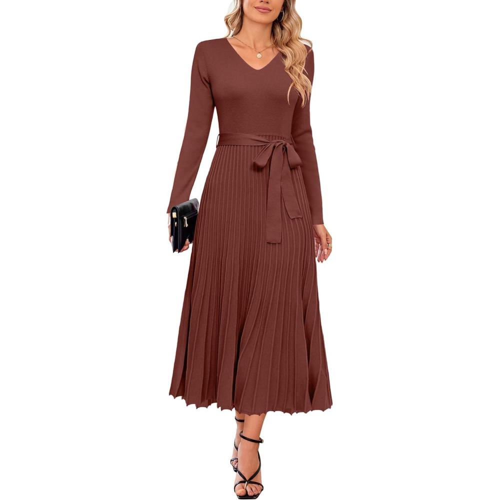 imageArachampampCloz Womens Wool Blend Tie Waist Pleated Fall Sweater Dress 2025Brown Red