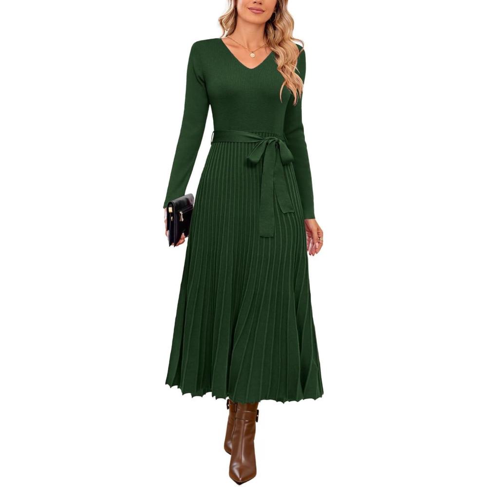 imageArachampampCloz Womens Wool Blend Tie Waist Pleated Fall Sweater Dress 2025Dark Green