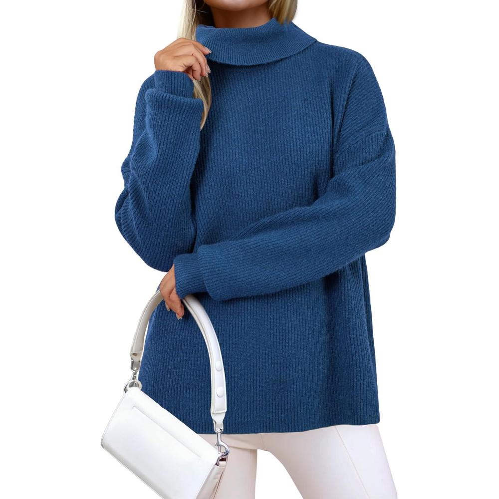 imageArachampampCloz Womens Wool Blend Turtleneck Fall Winter Casual Ribbed Oversized Sweater Tops 2025Navy Blue