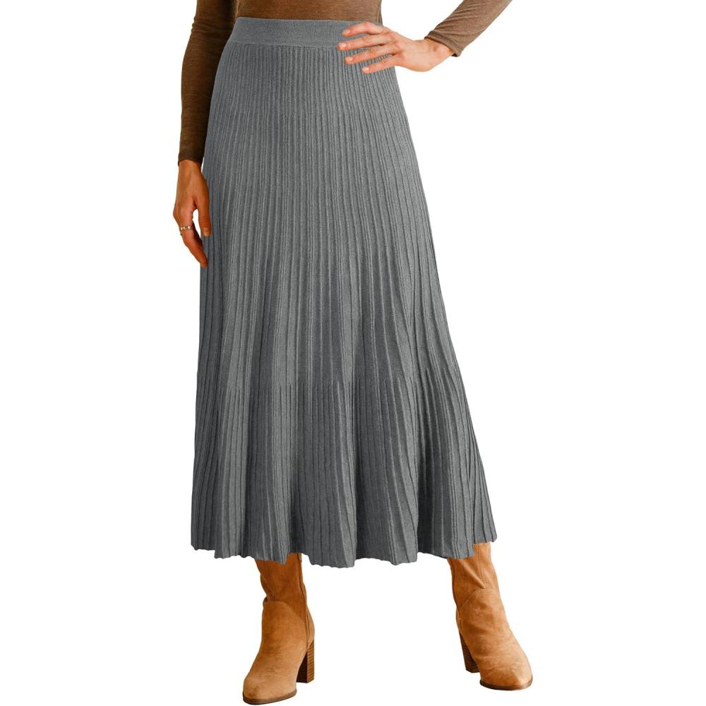 imageArachampampCloz Womens Wool Blend Wide Elastic Band ALine Pleated Flowy Long Skirts 2025Grey