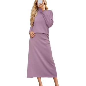 Arach&Cloz Womens 2 Piece Sweaters Sets Turtleneck Long Sleeve Tops Long Maxi Skirt Casual Fall Fashion 2024 Outfits(Purple Lilac)