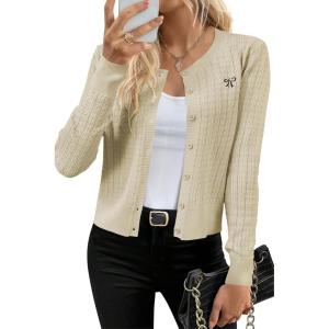 Arach&Cloz Womens 2025 Summer Lightweight Cardigan Long Sleeve Cable Knit Hollow Out Bow Embroidery Tops(Beige)