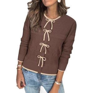 Arach&Cloz Women’s Bow Sweaters Fall Color Block Casual Cardigan Sweaters 2025(Coffee-apricot)