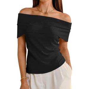 Arach&Cloz Women’s Convertible Neckline Off-Shoulder Cowl Neck Slim Fit Tops 2025(Black)
