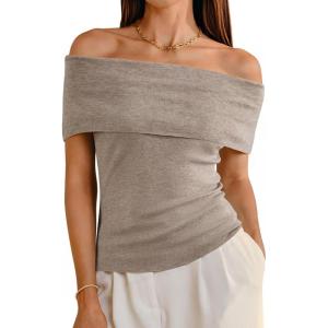 Arach&Cloz Women’s Convertible Neckline Off-Shoulder Cowl Neck Slim Fit Tops 2025(Camel)
