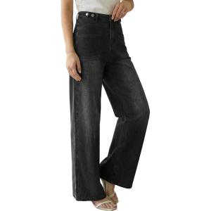 Arach&Cloz Womens Lyocell Cotton Denim Adjustable Waist Stretchy Spring Wide Leg Jeans(Black)