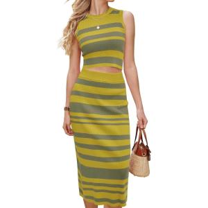 Arach&Cloz Women’s Non See Through 2 Piece Sets Early Fall Tank Top and Midi Skirt Knit Outfits(Dark Yellow-green)