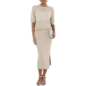 Arach&Cloz Women’s Soft 2 Piece Sets Summer Crochet Top and Midi Slit Skirt Outfits 2025(Light Apricot)