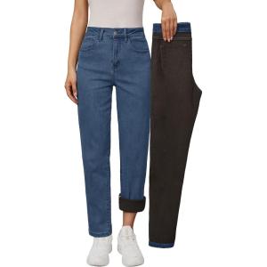 Arach&Cloz Women’s Thin Fleece Lined Jeans High Waisted Stretch Warm Straight Leg Pants 2025(Blue)