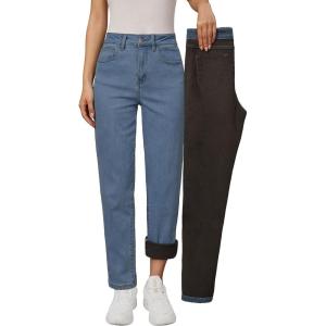 Arach&Cloz Women’s Thin Fleece Lined Jeans High Waisted Stretch Warm Straight Leg Pants 2025(Light Blue)