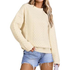 Arach&Cloz Women’s Wool Blend Cable Knit Fall Winter Chunky Oversized Sweaters 2025(Beige Cream)