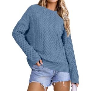 Arach&Cloz Women’s Wool Blend Cable Knit Fall Winter Chunky Oversized Sweaters 2025(Blue)