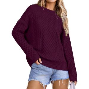 Arach&Cloz Women’s Wool Blend Cable Knit Fall Winter Chunky Oversized Sweaters 2025(Burgundy Dark Red)