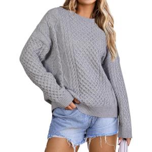 Arach&Cloz Women’s Wool Blend Cable Knit Fall Winter Chunky Oversized Sweaters 2025(Light Grey)
