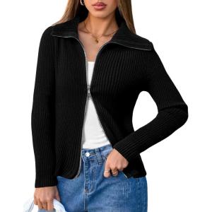 Arach&Cloz Women’s Wool Blend Fall Fashion Zip Up Cardigan Sweaters 2025 Trendy(Black)