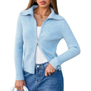 Arach&Cloz Women’s Wool Blend Fall Fashion Zip Up Cardigan Sweaters 2025 Trendy(Pale Blue)